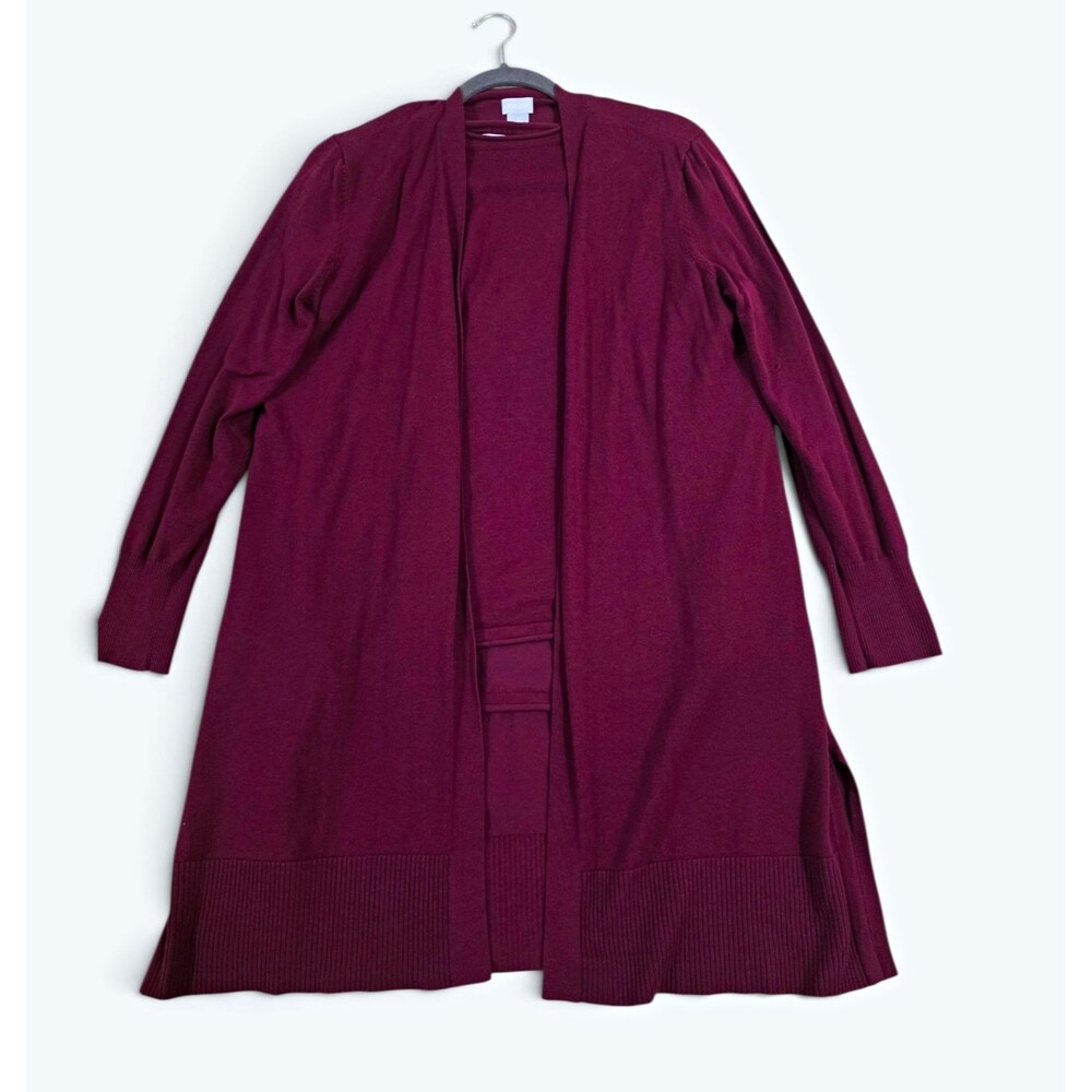 Chico's Burgundy Cardigan & Sweater Set L / 2 Longline Open Front Knit 2pc